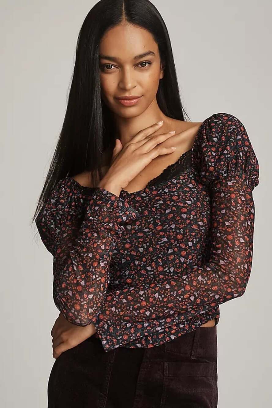 Maeve Anthropologie Mutton-Sleeve Ditsy Floral Mesh Top